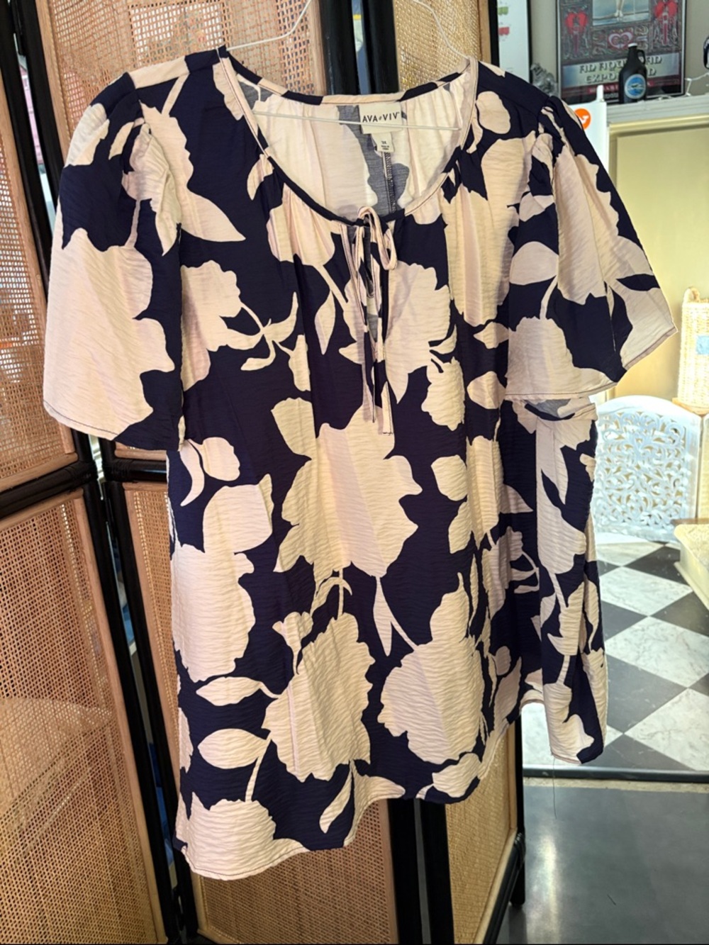 Ava & Viv Navy and Cream Floral Tie-Front Flutter Sleeve Blouse